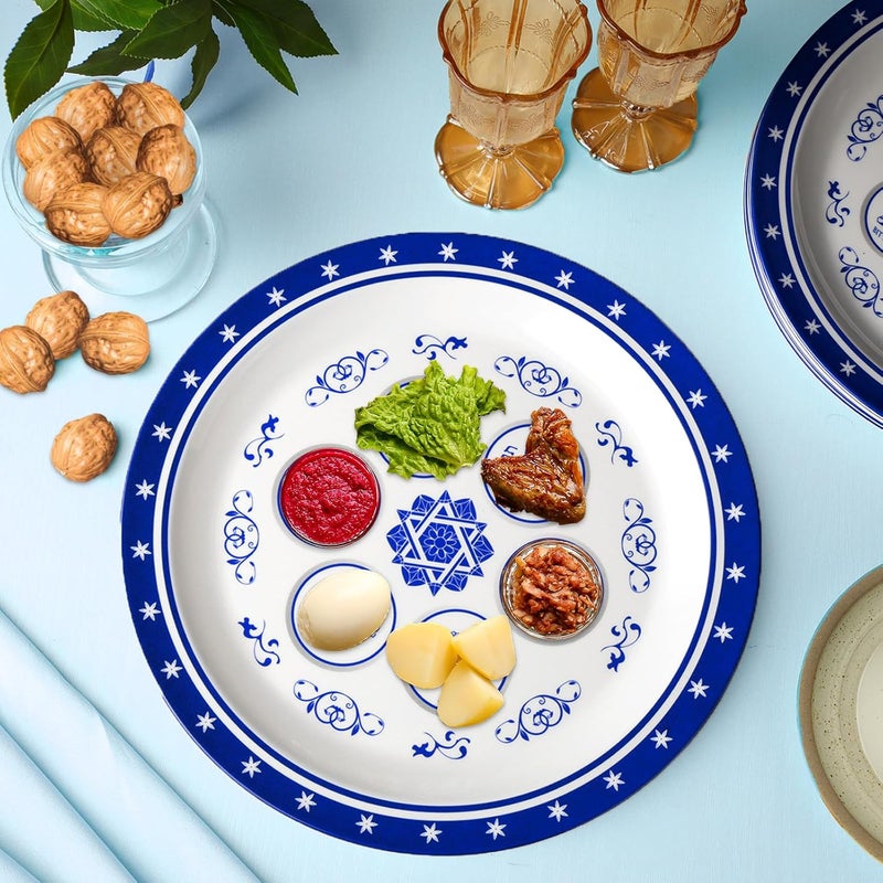Yoande 6 قطع طبق سيدر عيد الفصح 10 بوصة دائري طبق عيد الفصح الأزرق والأبيض صينية فنية مع طعام سيدر رمزي لاحتفالات عيد الفصح زينة الطاولة العشاء - Image 4