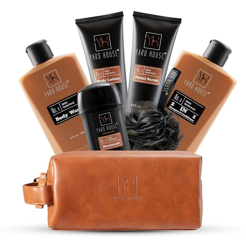 Luxury Mens Bath and Body Gift Set Basket For Him  Smoky Sandalwood  All Natural Skin Care Kit For Men w Full Size Body Wash Facial Scrub Body Lotion Deodorant in Leather Toiletry Bag