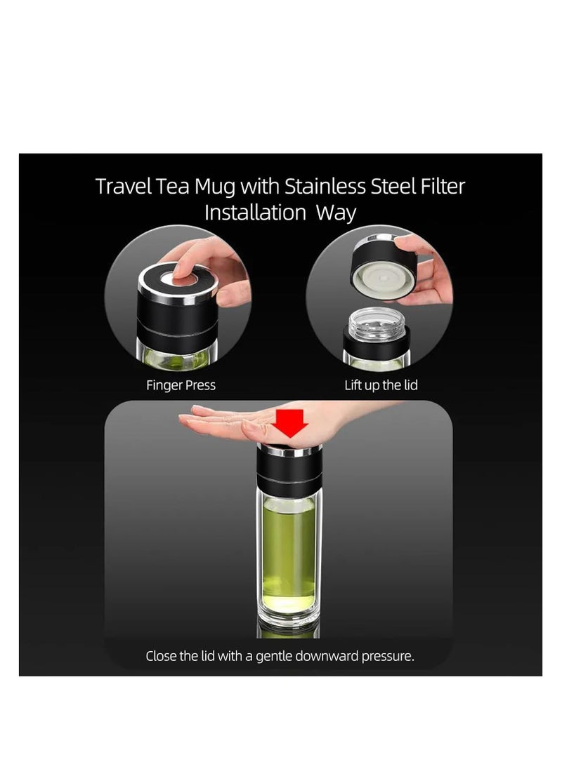 ARCOON Tea Infuser Bottle - Double Wall Borosilicate Glass Tea Mug with Stainless Steel Filter - Tea Tumbler with Tea Diffuser - Portable Travel Tea Mug (Black)