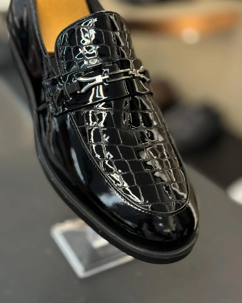 ترزي ادم التون Italian Style Inner Outer Natural Patent Leather Men's Shoes Black T12312
