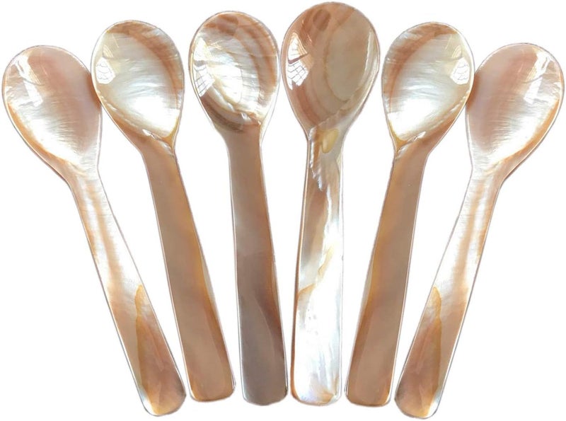 DUEBEL Set of 6 Pink Mother of Pearl 4.5 inch / 11cm MOP Caviar Spoons W Round Handle for Caviar Serving or Egg Serving - Image 1