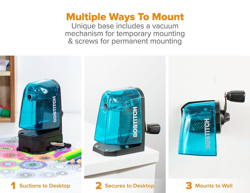 Bostitch Office Multi-Mount Manual Pencil Sharpener, Vacuum Mount or Screw Mount, Blue (MPS2-BLUE) - Image 3