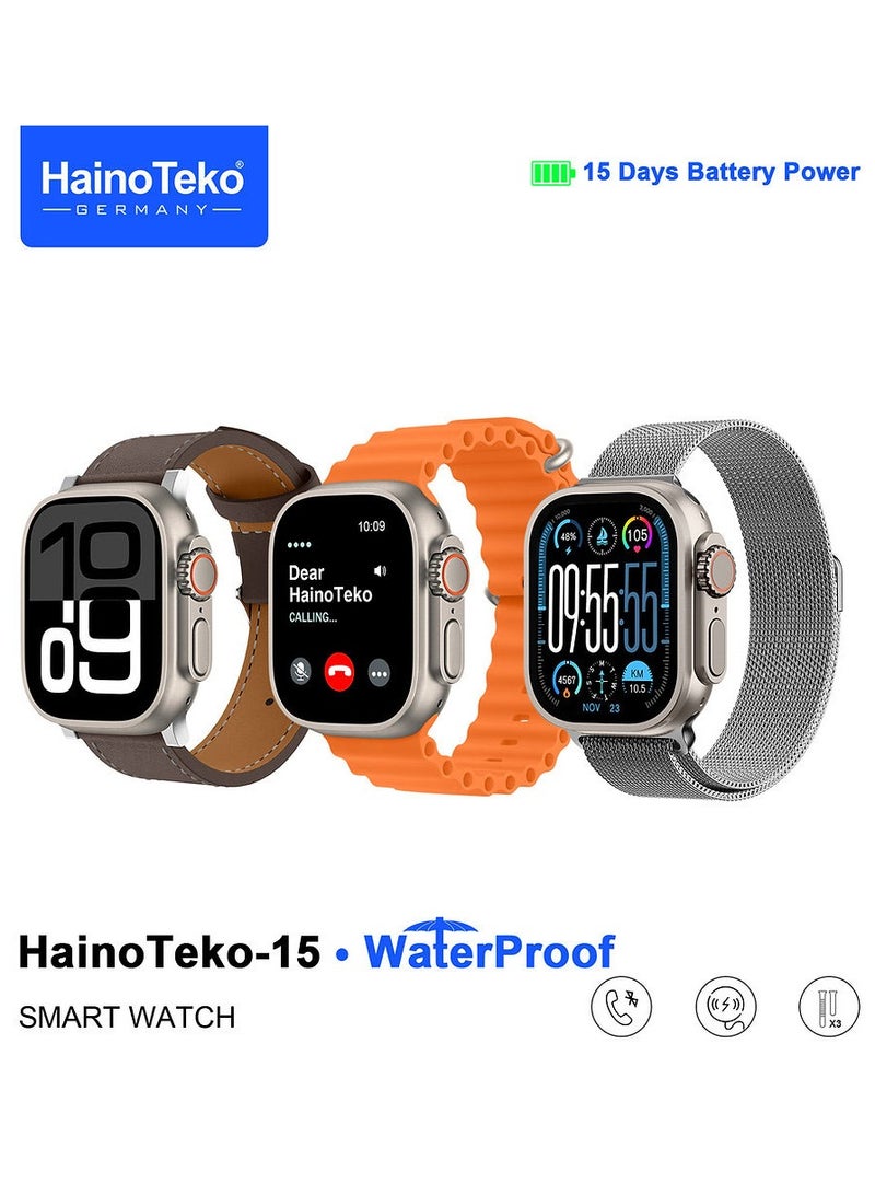 هينو تيكو ساعة HainoTeko-15 الذكية المقاومة للماء بشاشة AMOLED كاملة، 3 أزواج من الأشرطة وكابل شحن مصممة للسيدات والرجال باللون الفضي - Image 1
