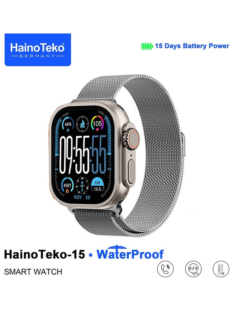 هينو تيكو ساعة HainoTeko-15 الذكية المقاومة للماء بشاشة AMOLED كاملة، 3 أزواج من الأشرطة وكابل شحن مصممة للسيدات والرجال باللون الفضي - Image 2