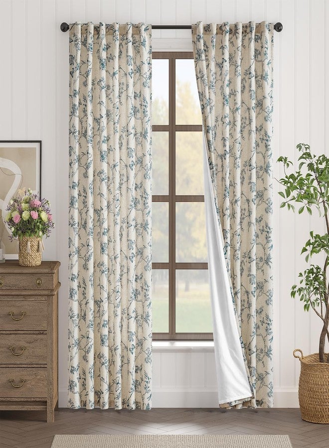 Lazzzy Charlotte Blue Floral Curtains 84 Inch Length Lined Linen Farmhouse Back Tab Drapes for Living Room Bedroom Light Filtering Vintage Rod Pocket, 2 Panels, Blue on Beige - Image 2