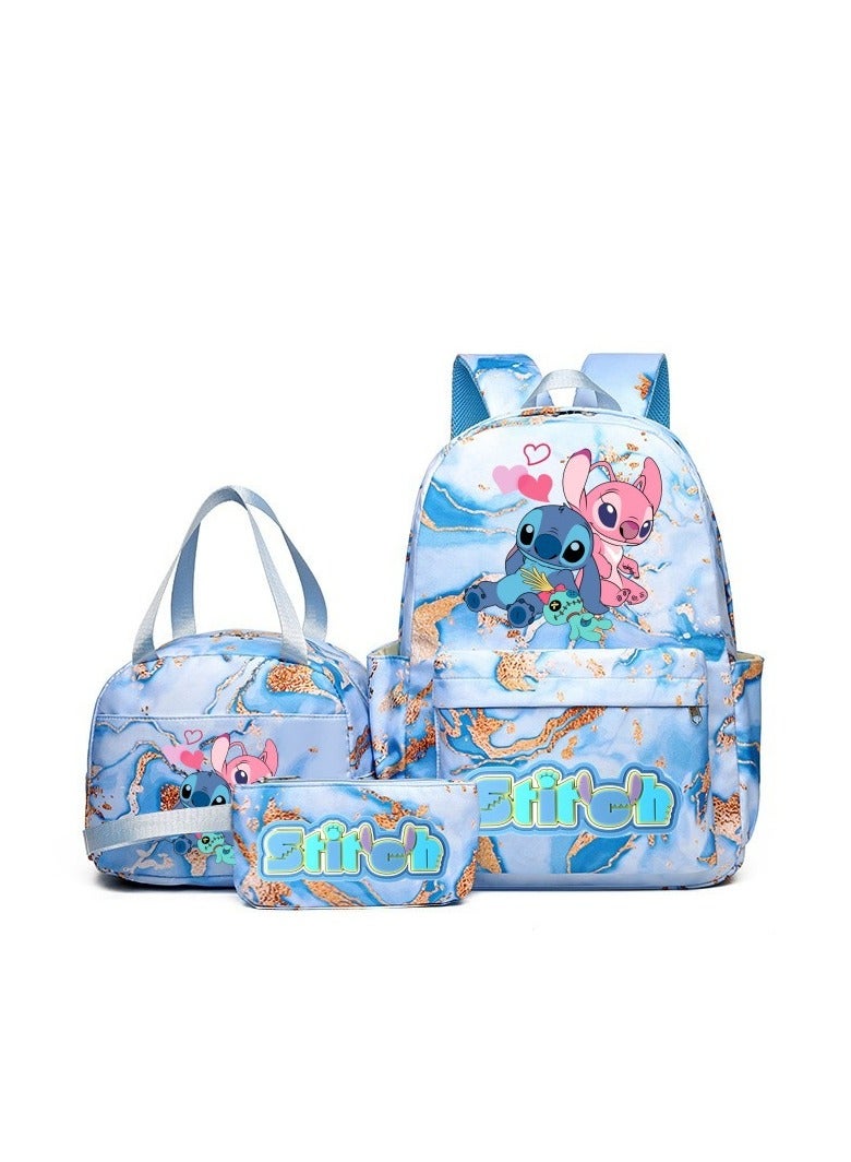 STITCH Stitch Golden Quicksand Texture Schoolbag Waterproof Primary and Secondary School Student Backpack Youth Travel Backpack 31*43*15CM + Lunch Bag 27*20*20CM + Pencil Case Three-piece Set