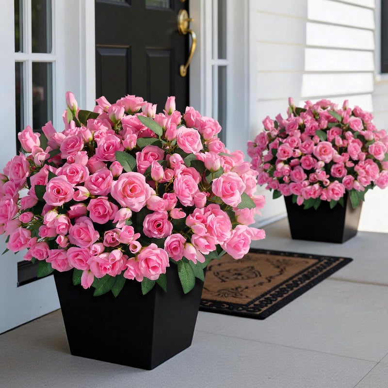 Juxdp 8 Bundles Artificial Roses for Front Door Outdoor Decor, Realistic Fake Silk Bouquets Flowers Faux UV Resistant Real Looking Rose Plants for Garden Balcony Farmhouse Home Spring Summer Decor (Pink) - Image 1
