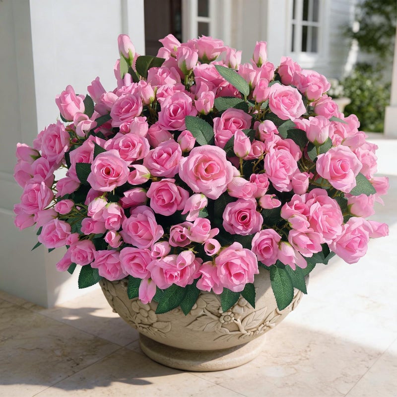 Juxdp 8 Bundles Artificial Roses for Front Door Outdoor Decor, Realistic Fake Silk Bouquets Flowers Faux UV Resistant Real Looking Rose Plants for Garden Balcony Farmhouse Home Spring Summer Decor (Pink) - Image 2