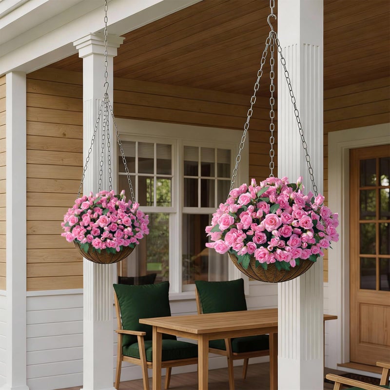 Juxdp 8 Bundles Artificial Roses for Front Door Outdoor Decor, Realistic Fake Silk Bouquets Flowers Faux UV Resistant Real Looking Rose Plants for Garden Balcony Farmhouse Home Spring Summer Decor (Pink) - Image 3