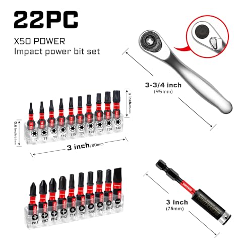Geinxurn 22pieces Ratchet Bit Driver Set Magnetic S2 Steel 1Insert Bits Tips with BaseImpact Bit Holder and Mini Wrench with Storage Box - Image 3