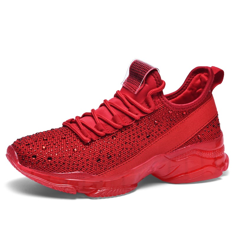 BELOS Women's Fashion Rhinestone Mesh Knit Slip On Sneaker Breathable Glitter Walking Shoes(Red,8.5) - Image 1
