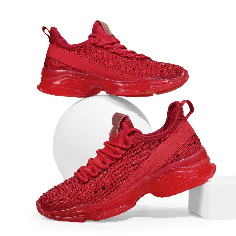 BELOS Women's Fashion Rhinestone Mesh Knit Slip On Sneaker Breathable Glitter Walking Shoes(Red,8.5) - Image 5