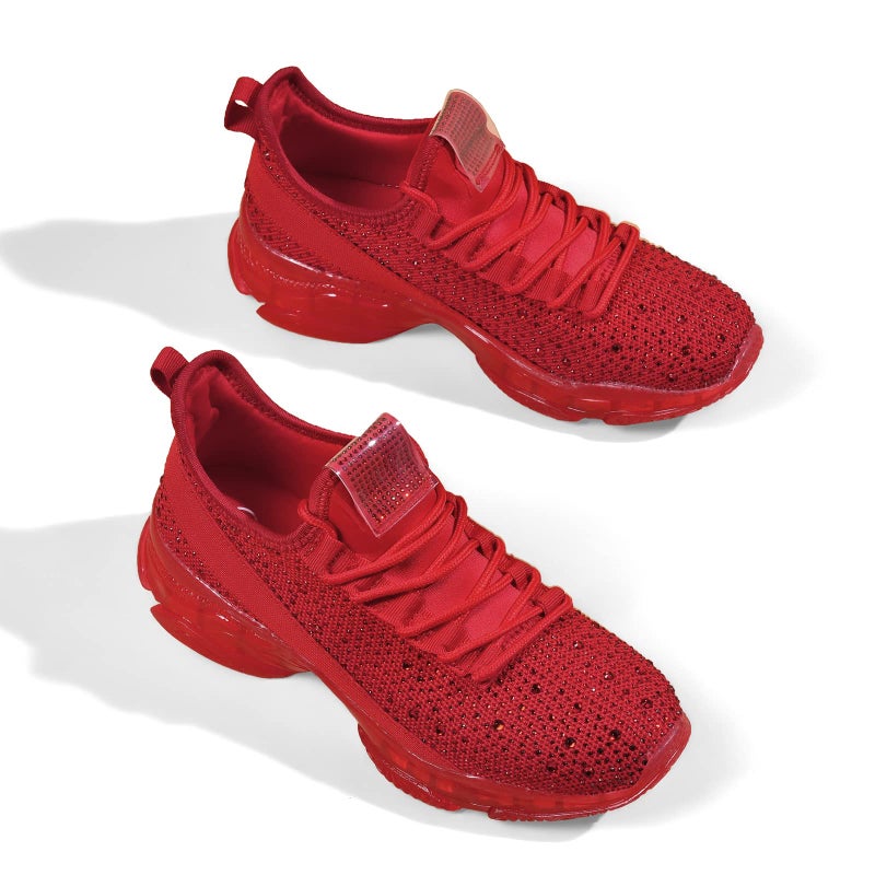 BELOS Women's Fashion Rhinestone Mesh Knit Slip On Sneaker Breathable Glitter Walking Shoes(Red,8.5) - Image 3