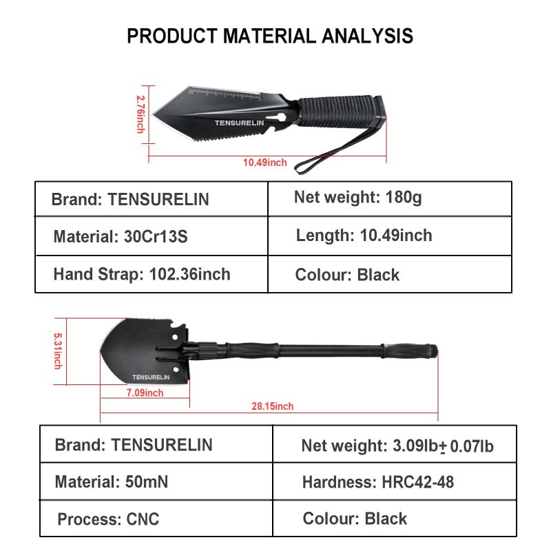 TENSURELING Survival Shovel, Folding Camping Shovel, High Carbon Steel Military Tactical Trench Spade with Pickaxe, Multitool Entrenching Tool for Off Road, Gardening, Metal-Detecting, Digging - Image 2