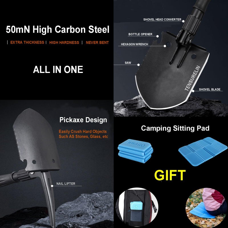 TENSURELING Survival Shovel, Folding Camping Shovel, High Carbon Steel Military Tactical Trench Spade with Pickaxe, Multitool Entrenching Tool for Off Road, Gardening, Metal-Detecting, Digging - Image 3