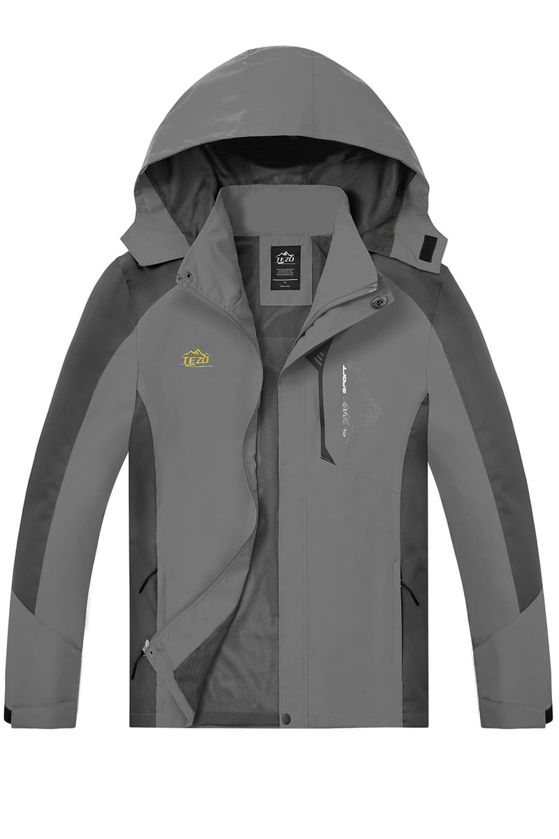 TEZO Mens Rain Jacket Waterproof Hiking Coat Windproof Mountain Jacket Lightweight Windbreaker with Hooded(GY/BK M) Grey/Black - Image 1
