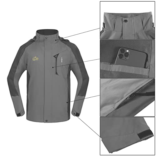 TEZO Mens Rain Jacket Waterproof Hiking Coat Windproof Mountain Jacket Lightweight Windbreaker with Hooded(GY/BK M) Grey/Black - Image 5