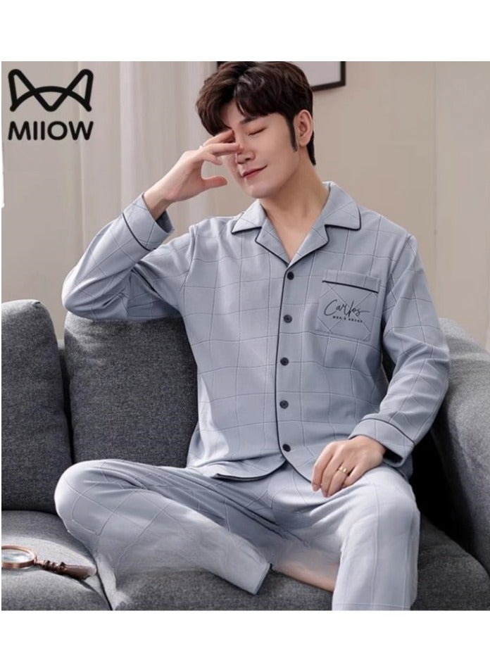 MIIOW بيجاما تنفس - بيجاما للرجال مصنوعة من القطن الخالص، فضفاضة ومريحة، مجموعة بدلة منزلية غير رسمية بأكمام طويلة - Image 1