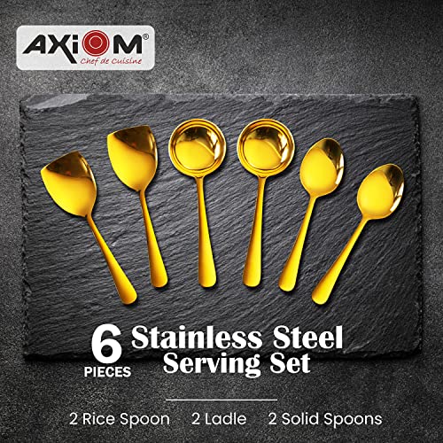 Axiom Stainless Steel Golden Serving Tools Set. 6 Piece Heavy Gauge Non-Stick Set Of 2 Soup Ladle (Karchi), 2 Solid Spoon (Chamcha) & 2 Rice Spoon For Serving Soup/Curry/Dal/Rice. Gold - 23 Cm - Image 2
