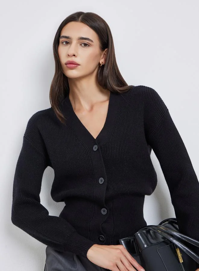 Take Two Take Two Black Ribbed Knit Buttoned Sweater