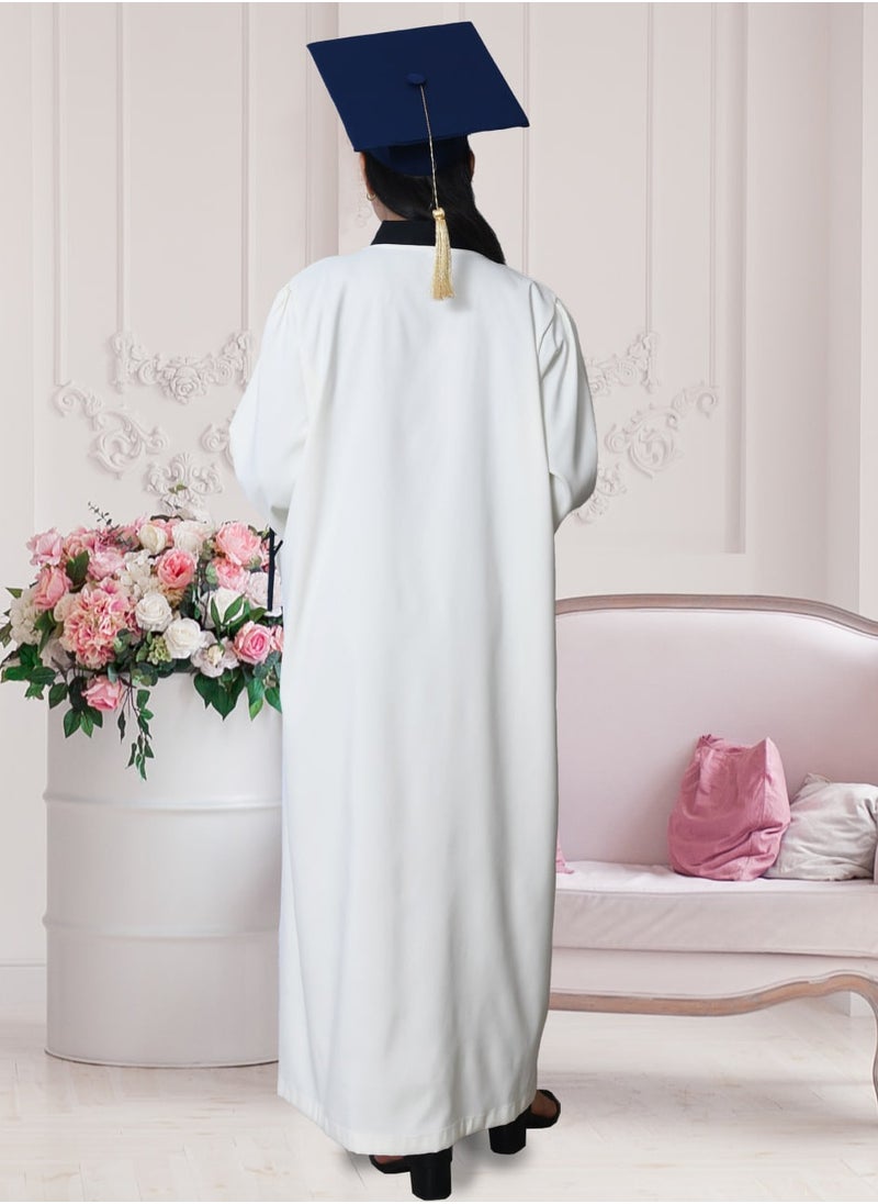 HAWRAA ABAYA - Graduation uniform: white abaya with wide open sleeves, decorated with a bow, with a plain scarf and cap, in dark navy blue - Image 1