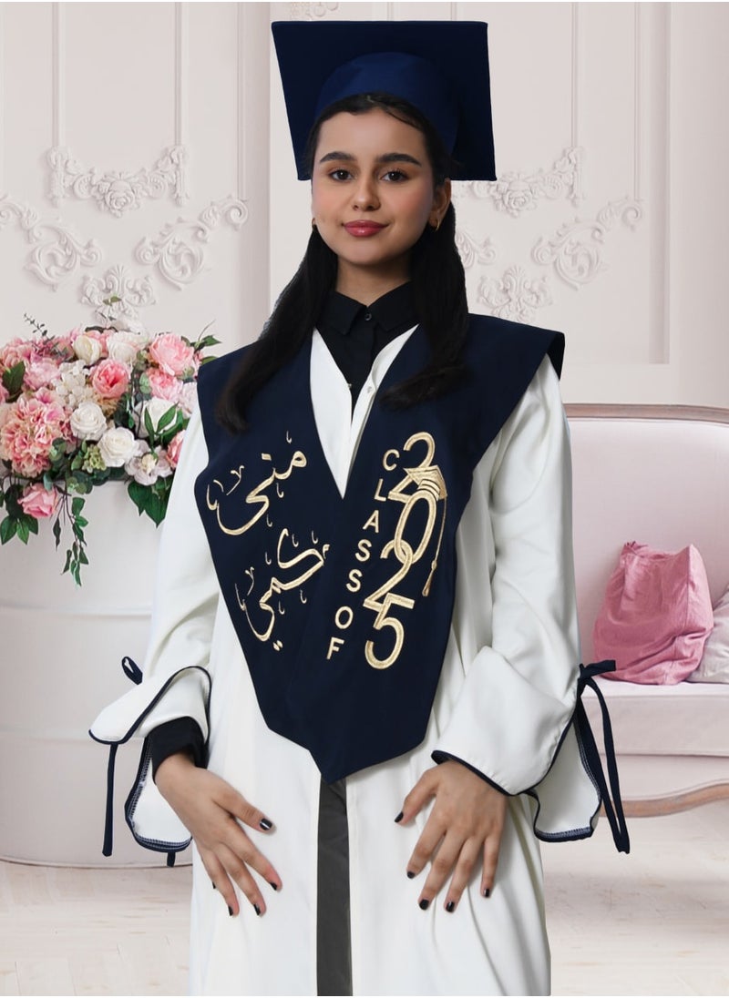 HAWRAA ABAYA - Graduation uniform: white abaya with wide open sleeves, decorated with a bow, with a plain scarf and cap, in dark navy blue - Image 1