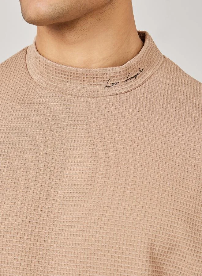 Styli Premium Oversized Minimal Embroidery High Neck Waffle Knit T-Shirt