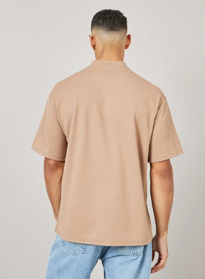 Styli Premium Oversized Minimal Embroidery High Neck Waffle Knit T-Shirt