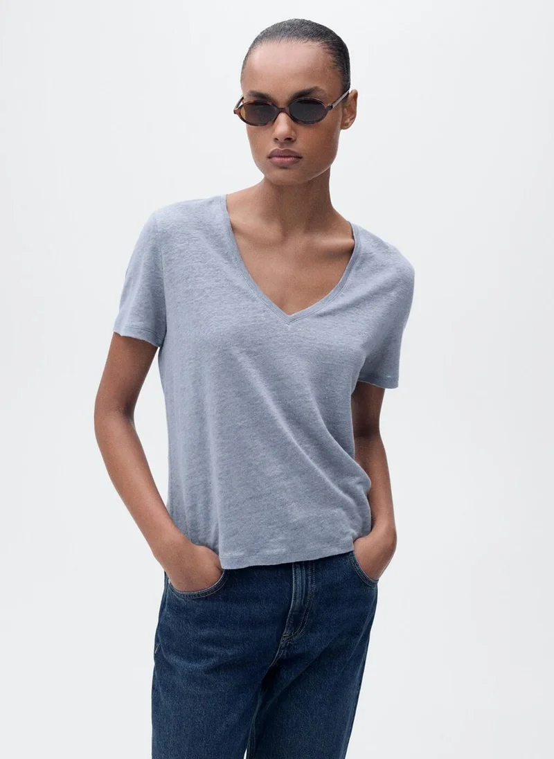 MANGO V-neck linen t-shirt