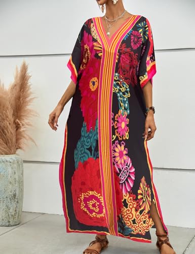Bsubseach Women Plus Size Kaftan Dress Swimsuit Cover Up Caftan Maxi Beach Dresses Cover Ups Flower Print - Image 2