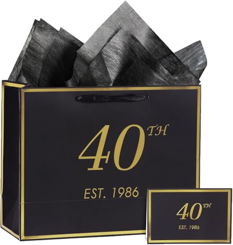 40th Birthday Gift Bag with Card and Tissue Paper for Men Women Him 1986 40 Year Old 13 Elegant Black Gold Anniversary Keepsake Party Present Shopping Paper Bags for Gifts Wrapping 1986 40th