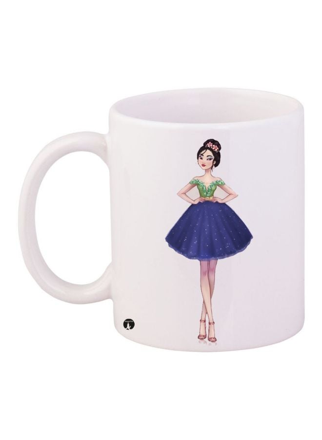 RYN Cartoon Girl Printed Coffee Mug White/Blue/Green 11ounce
