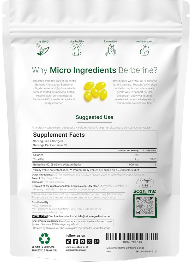 microingredients Berberine 1000mg with MCT Oil, 240 Softgels - Image 2