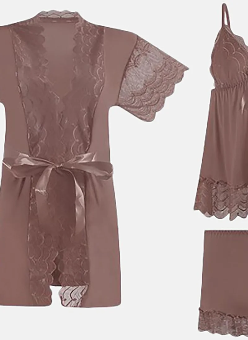 YUNIQEE Mauve Solid Babydoll with Shorts & Robe