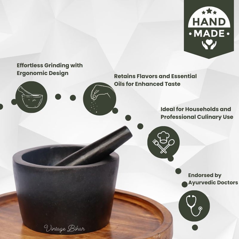 VintageBihar Hansraj Stone Mortar and Pestle Set Round Kundi Shape Kharal Okhli Khalbatta for Kitchen Silbatta for Chutney and Herbs Diameter 5 inches - Image 5