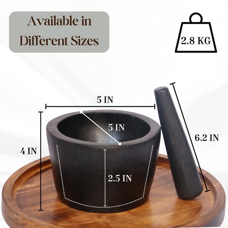 VintageBihar Hansraj Stone Mortar and Pestle Set Round Kundi Shape Kharal Okhli Khalbatta for Kitchen Silbatta for Chutney and Herbs Diameter 5 inches - Image 3