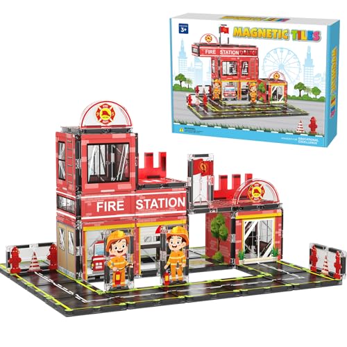 AFUNX Magnetic Tiles 50PCS Fire Station Theme Building Blocks Set Magnet Building Blocks and STEM Preschool Toys for Toddlers Kids Ages 35 57 810 - Image 1