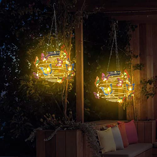 Newinhome 2 Pack Butterfly Solar Lights Outdoor Hanging Lantern with Handle, Solar Powered Butterflies Garden Decor for Outside Patio Yard Porch Pathway Butterfly Gifts for Women (Warm White LED Lights) - Image 4