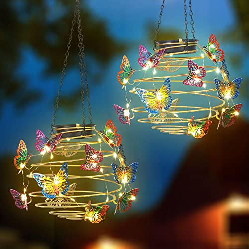 Newinhome 2 Pack Butterfly Solar Lights Outdoor Hanging Lantern with Handle, Solar Powered Butterflies Garden Decor for Outside Patio Yard Porch Pathway Butterfly Gifts for Women (Warm White LED Lights) - Image 1