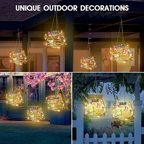 Newinhome 2 Pack Butterfly Solar Lights Outdoor Hanging Lantern with Handle, Solar Powered Butterflies Garden Decor for Outside Patio Yard Porch Pathway Butterfly Gifts for Women (Warm White LED Lights) - Image 3