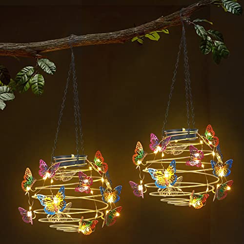 Newinhome 2 Pack Butterfly Solar Lights Outdoor Hanging Lantern with Handle, Solar Powered Butterflies Garden Decor for Outside Patio Yard Porch Pathway Butterfly Gifts for Women (Warm White LED Lights) - Image 2