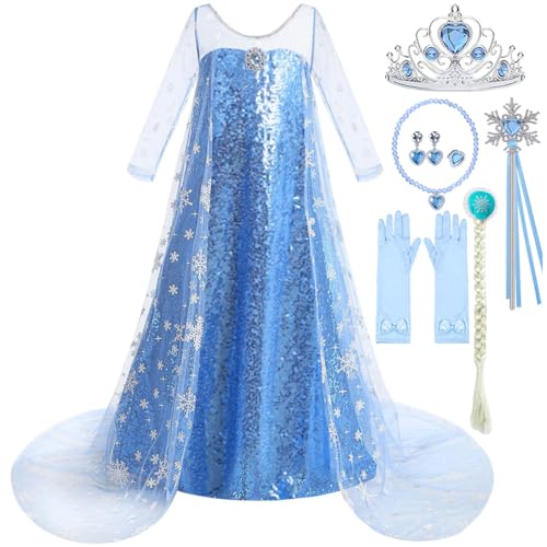 Luzlen Snow Princess Dress for Girls Toddler Queen Costume Halloween Christmas Cosplay Birthday Party Outfits Kids Blue, 4-5T(Tag 120) - Image 1