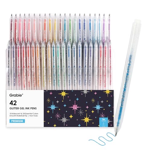 Grabie 42 Capped Glitter Gel Pen Set, 18 Iridescent&24 Essential Color Pens, Smooth Rollerball Tip, Metallic Sparkly Gel Pens for Coloring, Set of 42 Gel Pens Colored - Image 1