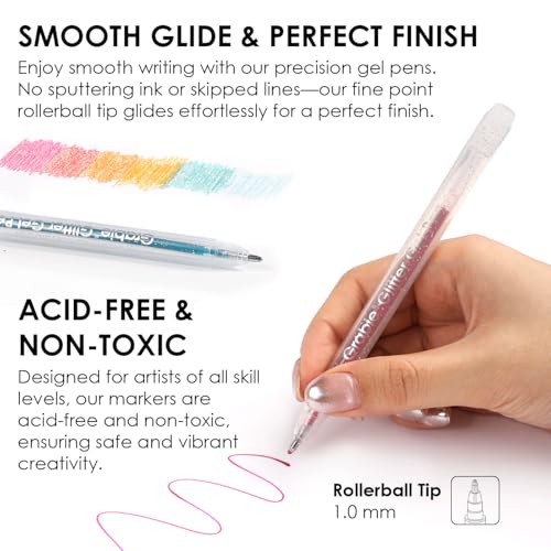 Grabie 42 Capped Glitter Gel Pen Set, 18 Iridescent&24 Essential Color Pens, Smooth Rollerball Tip, Metallic Sparkly Gel Pens for Coloring, Set of 42 Gel Pens Colored - Image 4