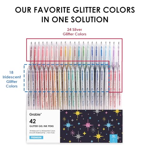 Grabie 42 Capped Glitter Gel Pen Set, 18 Iridescent&24 Essential Color Pens, Smooth Rollerball Tip, Metallic Sparkly Gel Pens for Coloring, Set of 42 Gel Pens Colored - Image 3