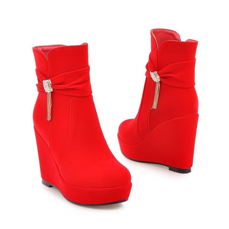 2023 Style Suede Tassel Fashion Boots Round Head Side Zipper Wedge Platform Boots - Image 1