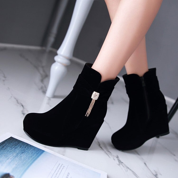 2023 Style Suede Tassel Fashion Boots Round Head Side Zipper Wedge Platform Boots - Image 2