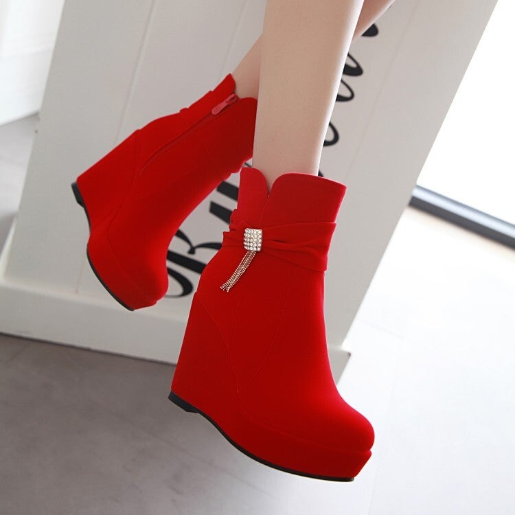 2023 Style Suede Tassel Fashion Boots Round Head Side Zipper Wedge Platform Boots - Image 4
