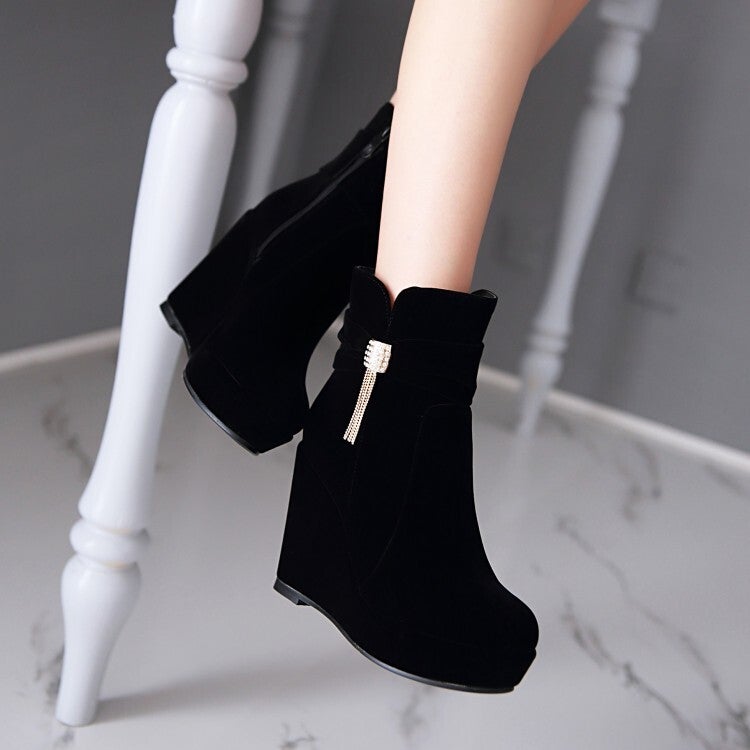 2023 Style Suede Tassel Fashion Boots Round Head Side Zipper Wedge Platform Boots - Image 3