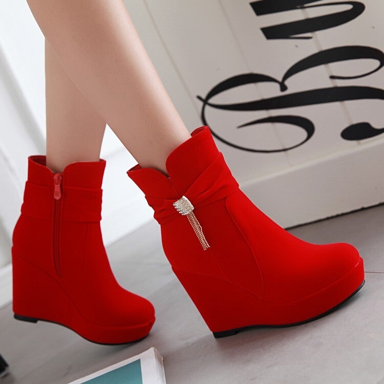 2023 Style Suede Tassel Fashion Boots Round Head Side Zipper Wedge Platform Boots - Image 5